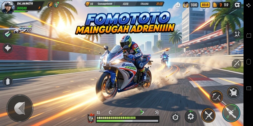 Tampilan gameplay seru di FOMOTOTO, adu kecepatan motor di trek balapan.