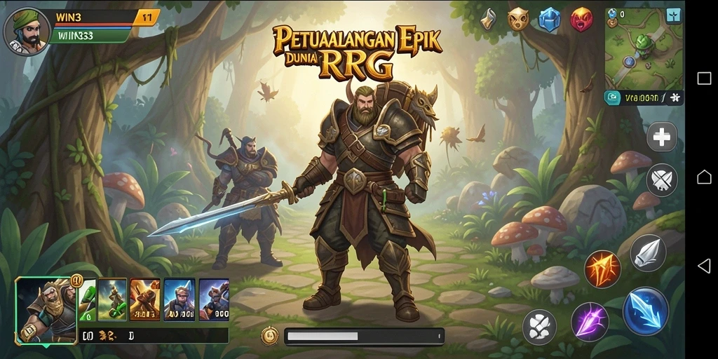 Screenshot gameplay WIN33 menunjukkan pertarungan epik dan karakter yang berwarna.
